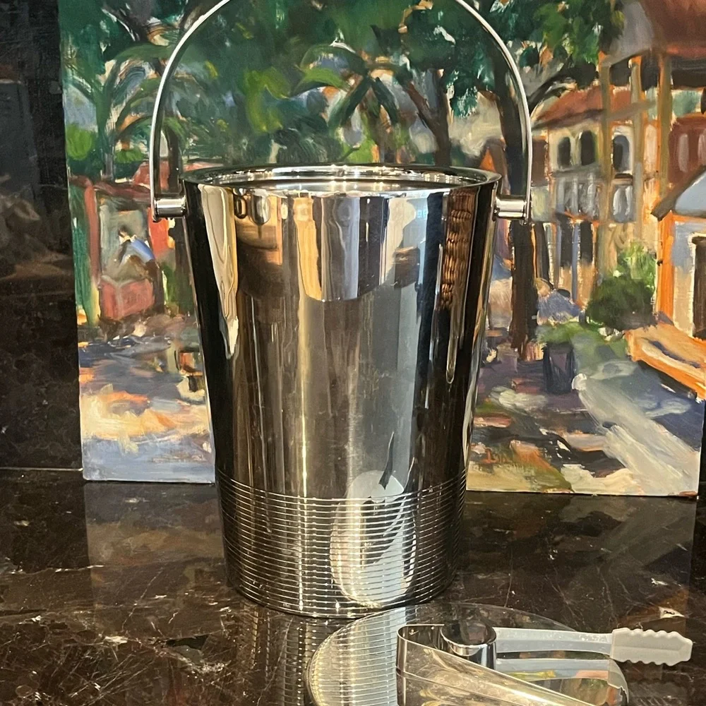 Crate&Barrel Silver Ice Bucket with Tongs